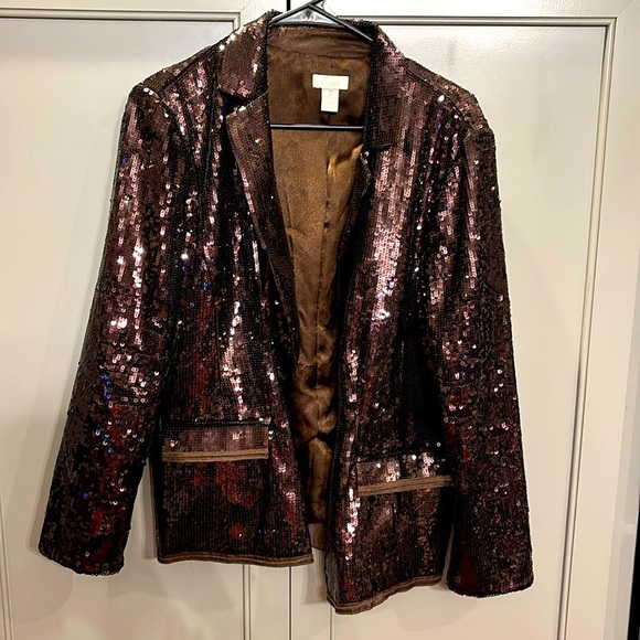 Chico's Size 2 Blazer Size Large Brown All Over Sequins Party Disco holiday - Picture 1 of 4